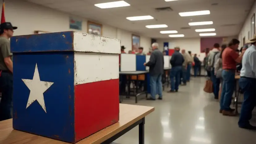 A wooden ballot box painted like the Texas flag at a busy polling place with voters in line.