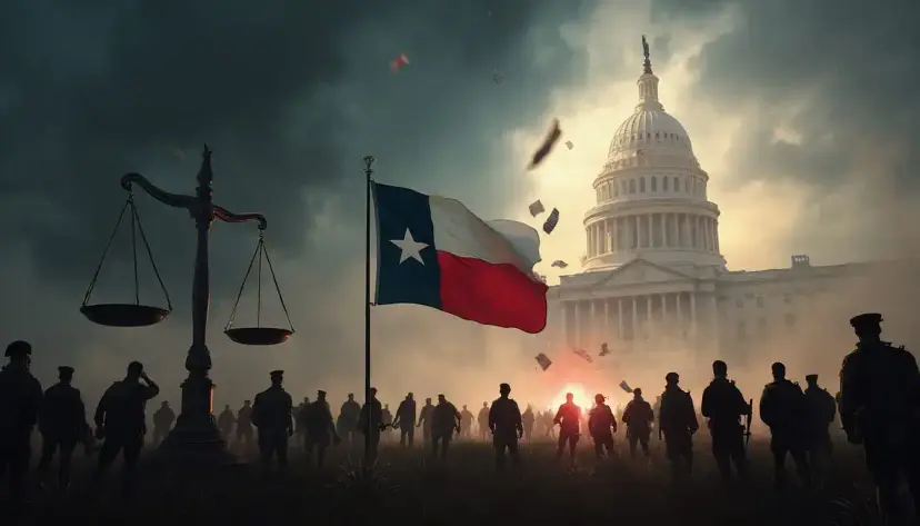 Armed soldiers silhouetted before the U.S. Capitol, with scales of justice and a Texas flag under stormy skies.