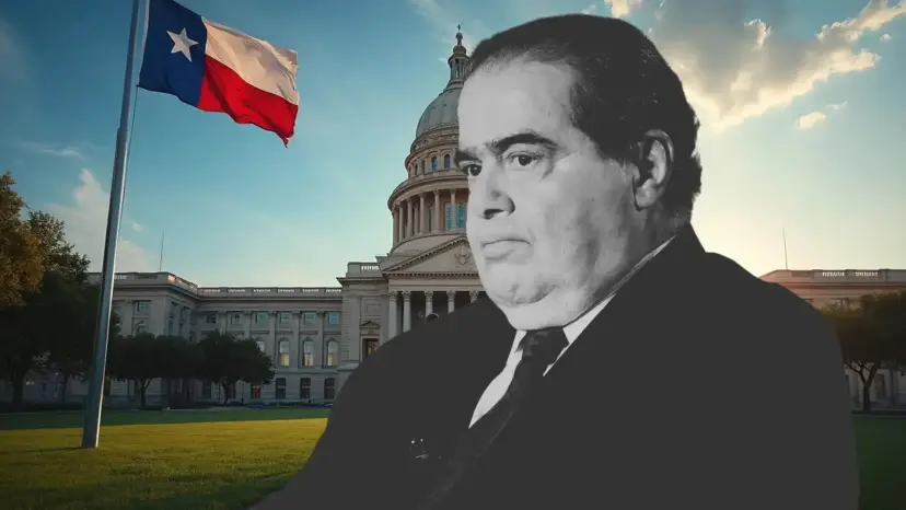 Black and white portrait of Justice Antonin Scalia set against a Texas flag and a capitol building.