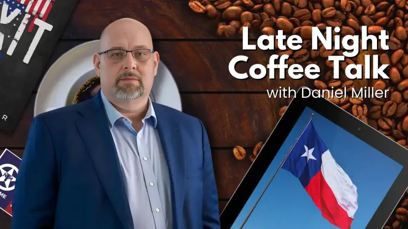 Daniel Miller in a blue blazer on the Late Night Coffee Talk title card, a Texas flag on a tablet.