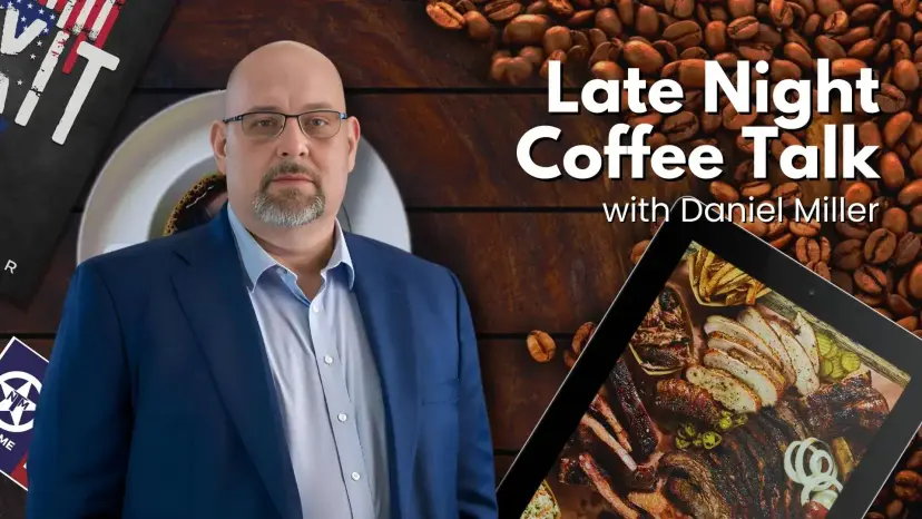 Daniel Miller in a blue blazer on the Late Night Coffee Talk title card, with a tablet showing smoked barbecue.