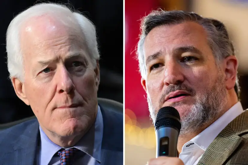 Side-by-side close-up portraits of Texas Senators John Cornyn and Ted Cruz, with Cruz speaking into a microphone.