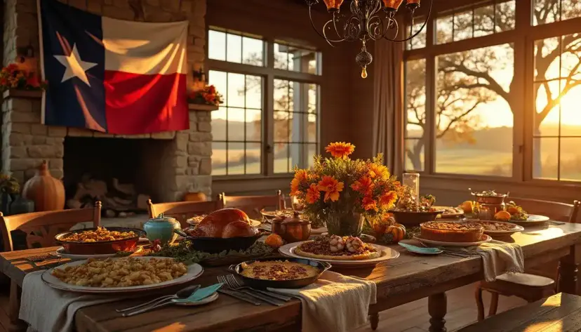 Thanksgiving table filled with pies and side dishes, a Texas flag hanging over a stone fireplace at sunset.