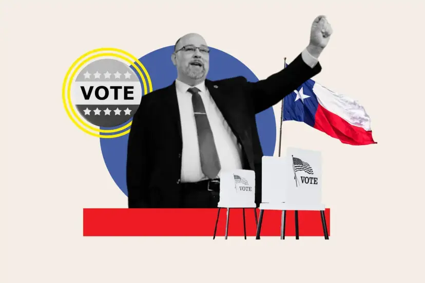 Collage of a man raising his fist beside a Texas flag, voting booths and a round 'VOTE' badge.