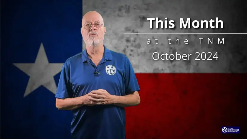 A man in a TNM polo before a weathered Texas flag, titled 'This Month at the TNM, October 2024.'