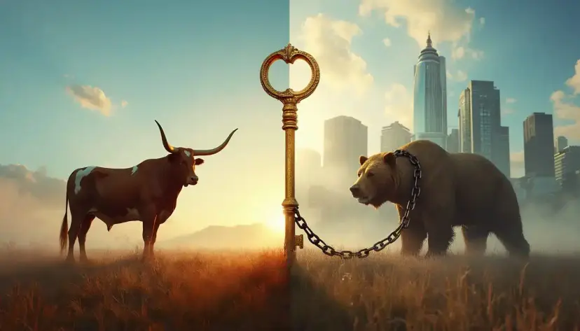 Texas longhorn and a grizzly bear face each other across a golden key, set between prairie and a city skyline.