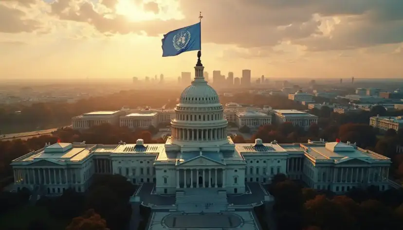 United Nations flag flying atop the U.S. Capitol dome at sunset, with a city skyline behind it.