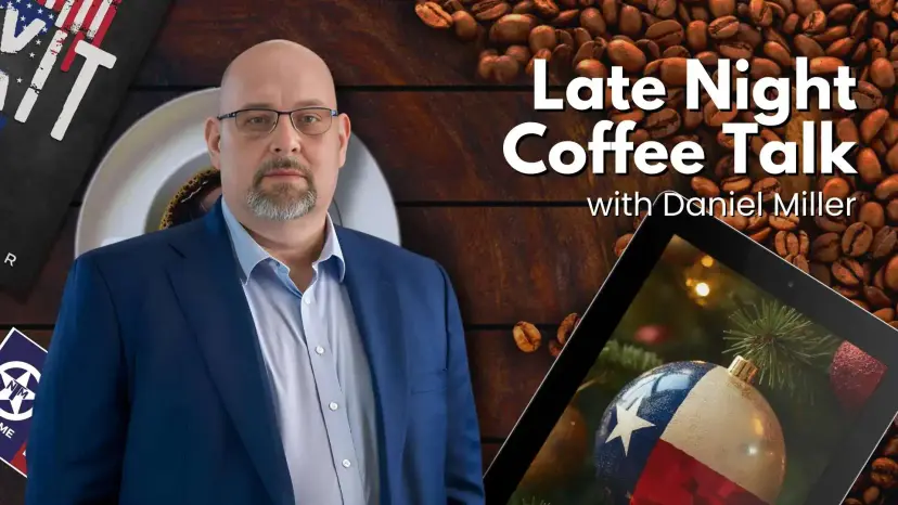 Daniel Miller in a blue blazer beside the 'Late Night Coffee Talk' title and a tablet showing a Texas ornament.