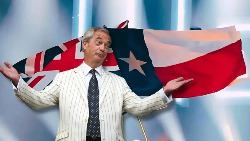 Nigel Farage in a white striped suit spreads his arms in front of British and Texas flags.