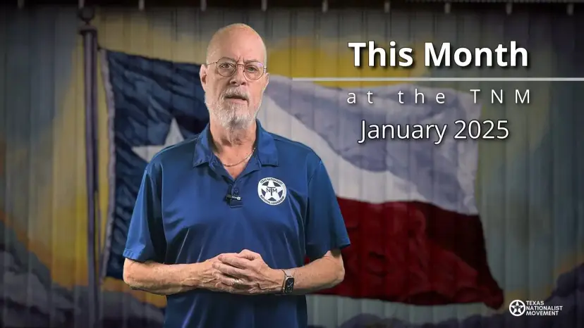 A man in a TNM polo before a large hanging Texas flag, titled 'This Month at the TNM, January 2025.'