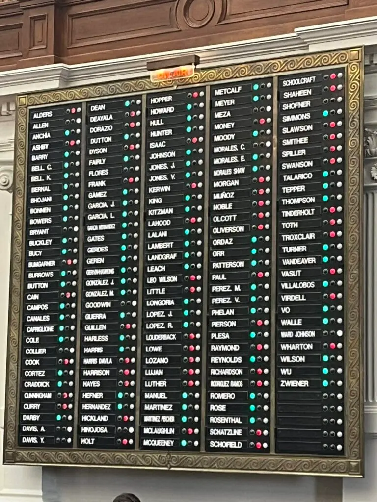 Texas House electronic vote board listing members' names, each with green and red vote lights.