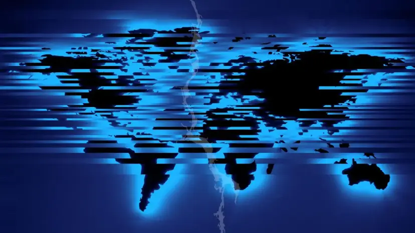 Glowing blue world map with horizontal glitch streaks and a jagged crack running down the middle.