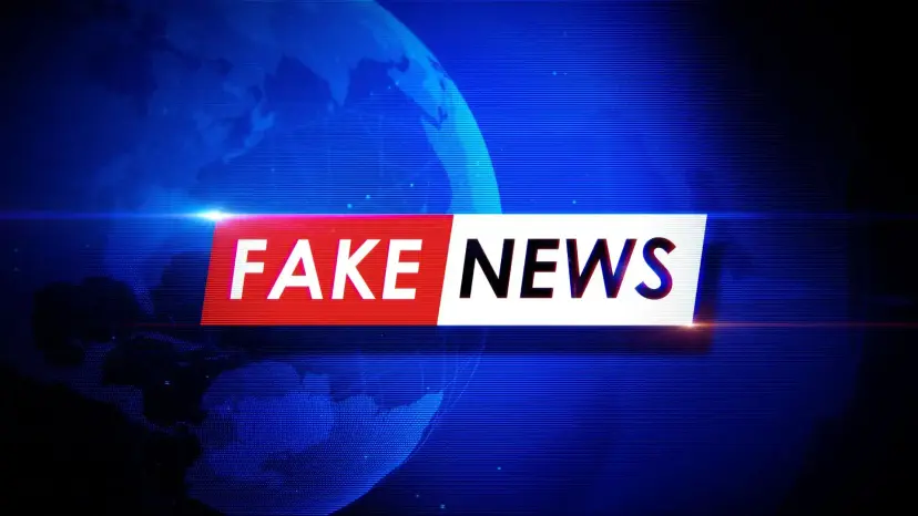 A red and white Fake News banner across a glowing blue globe, styled like a TV news graphic.