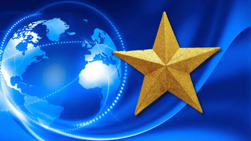 A gold star beside a glowing blue globe crossed with dotted connecting lines.