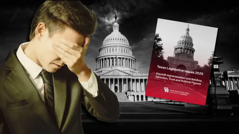 A man covers his eyes before the U.S. Capitol beside the cover of a 'Texas Legislative Issues 2025' report.