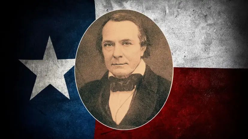 Portrait of Mirabeau B. Lamar in an oval frame set over a weathered Texas flag.