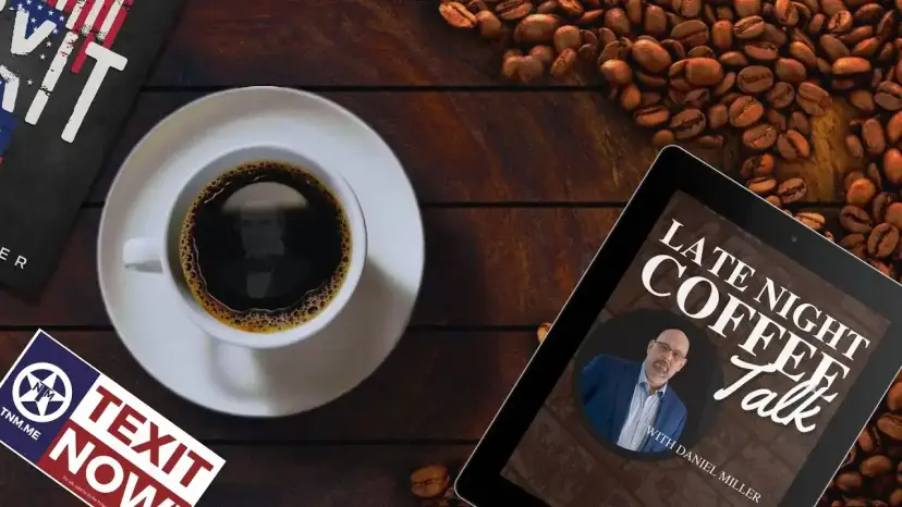 Tablet showing the Late Night Coffee Talk cover with Daniel Miller, next to coffee and a TEXIT Now sticker.