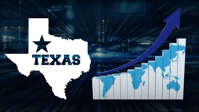 White Texas map reading 'Texas' beside a rising bar chart and a blue arrow on a digital background.