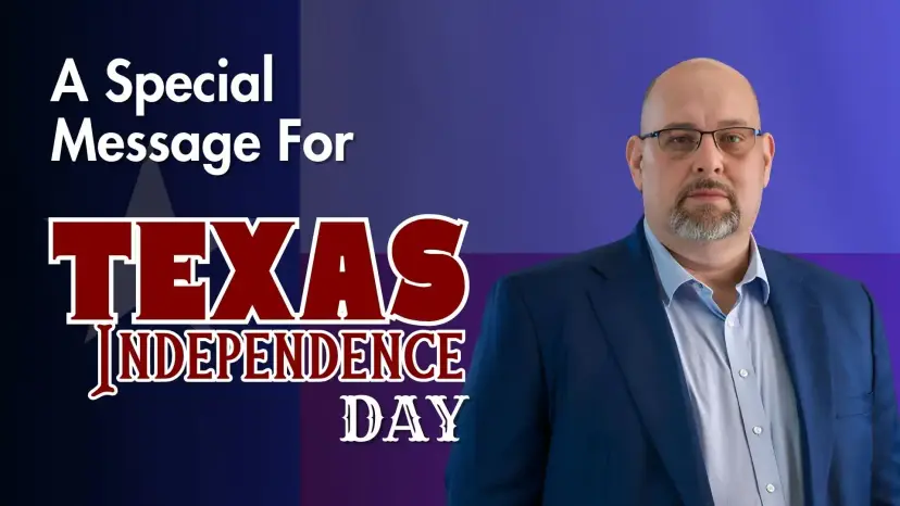 Daniel Miller in a blue blazer beside the words 'A Special Message For Texas Independence Day.'