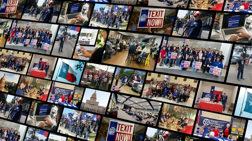A tilted collage of Texas Nationalist Movement rallies, meetings, and 'TEXIT Now' signs.