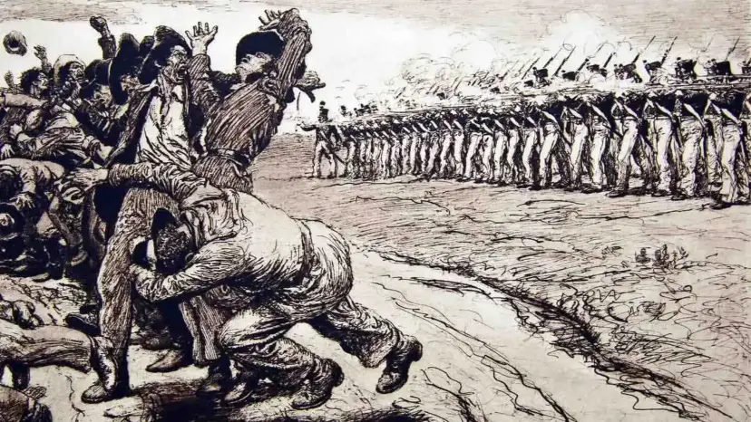 Etching of a line of Mexican soldiers firing on unarmed Texian prisoners at Goliad as the prisoners fall.