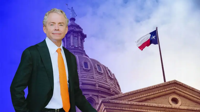 Don Huffines in a dark suit and orange tie in front of the Texas Capitol dome and a Texas flag.