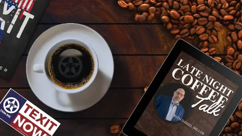 Coffee cup showing the TNM star logo beside the Late Night Coffee Talk cover on a tablet.