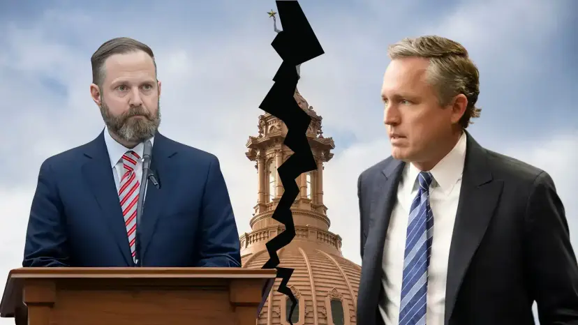 State Rep. Brian Harrison at a podium and a second lawmaker, split by a jagged crack over the Capitol dome.