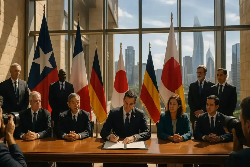 Officials at a long table as a man signs a document, with flags of Texas, France, Germany and Japan behind.