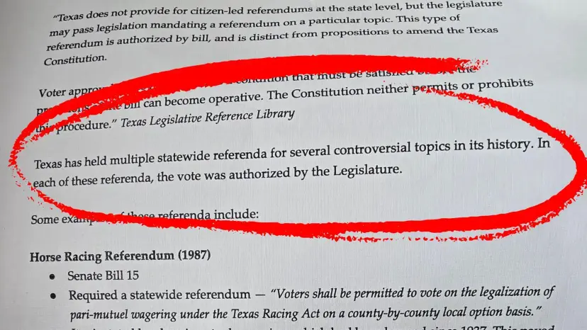 Printed memo on Texas referendums with a red circle around a line on votes authorized by the Legislature.
