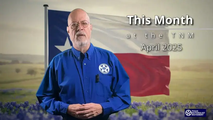 A man in a blue TNM shirt before a Texas flag and bluebonnets, titled 'This Month at the TNM.'