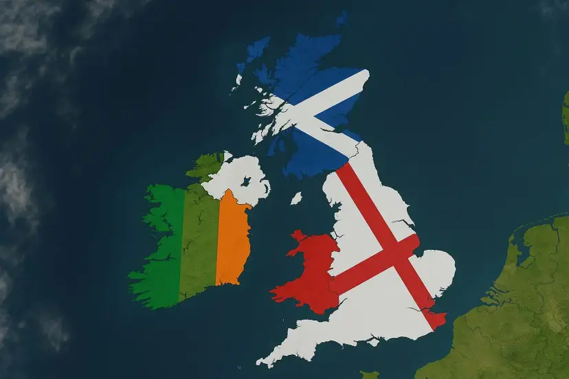 Map of Great Britain and Ireland with Scotland, England, Wales and Ireland each filled with its own flag.