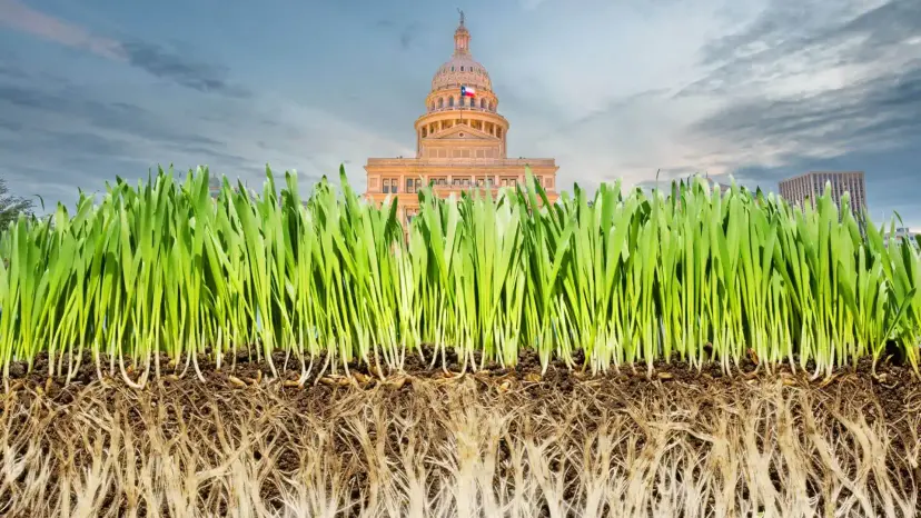 Tall green grass with exposed roots in the foreground, with the Texas Capitol rising behind it.