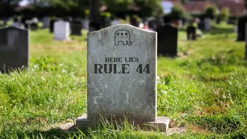 A gravestone in a cemetery reading 'Here Lies Rule 44' beneath a Republican elephant logo.