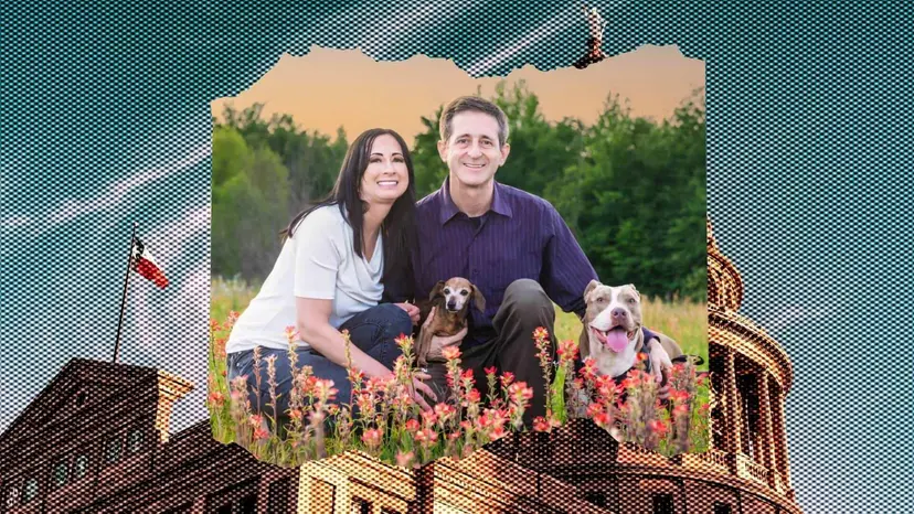 Daniel Hunt and a woman kneeling with two dogs among Indian paintbrush flowers, set over a Texas Capitol graphic.