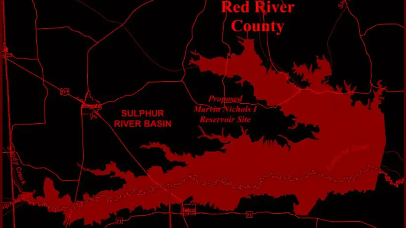 Map of the proposed Marvin Nichols reservoir site in the Sulphur River Basin near Red River County, shaded red.