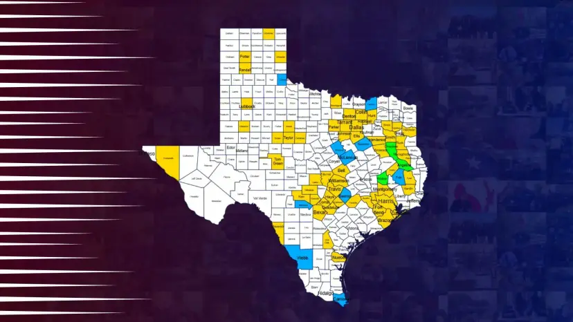 A map of Texas counties, some shaded in color, set against a dark red and blue background.