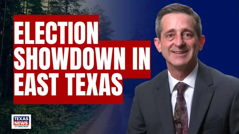 A smiling man in a suit and tie beside text reading 'Election Showdown in East Texas' over a forest road.
