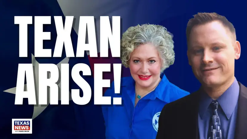 A smiling woman in a blue polo and a man in a suit beside the words 'Texan Arise!'