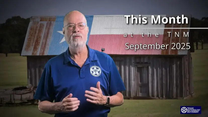 A man in a TNM polo before a barn with a Texas flag roof, titled 'This Month at the TNM.'