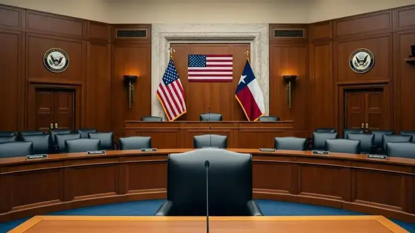 Empty wood-paneled hearing room with a curved dais, leather chairs, American and Texas flags, and official seals.