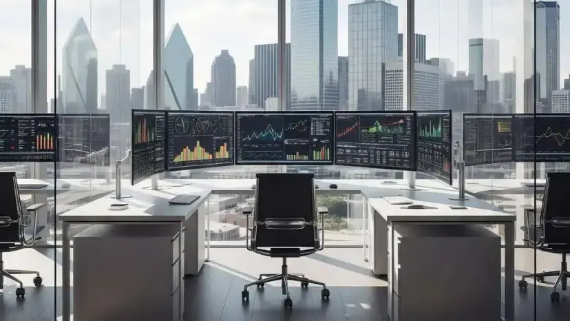An empty trading desk with rows of monitors showing financial charts in a high-rise office overlooking city towers.