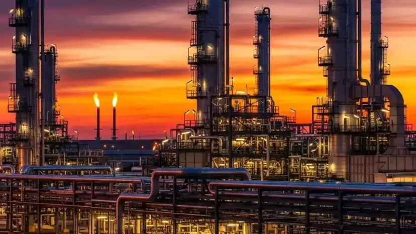 Oil refinery towers and pipes lit up against an orange sunset, with gas flares burning in the distance.
