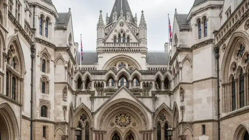 The Gothic stone facade of the Royal Courts of Justice in London, with Union Jack flags on the roof.