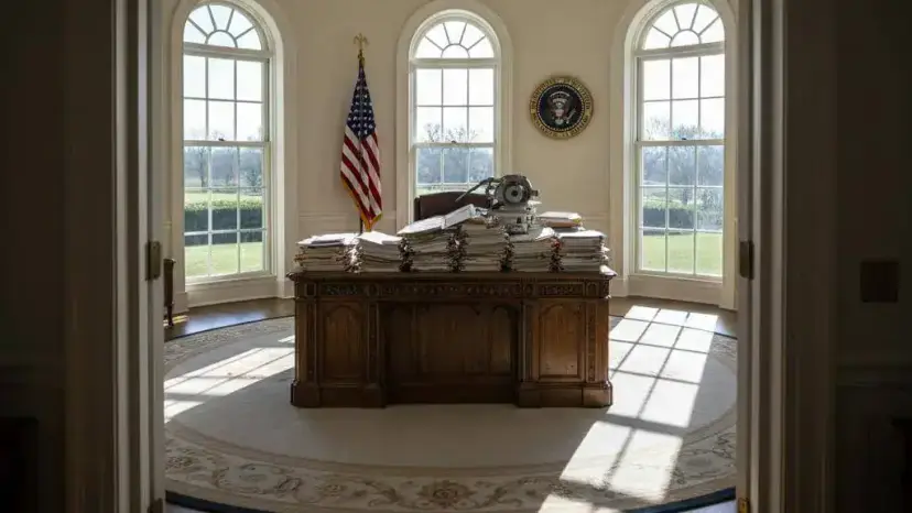 Oval Office desk piled high with stacks of papers and a signing machine, in front of sunny windows.