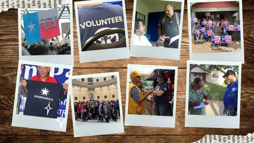 A collage of snapshots showing TNM volunteers, supporters holding TEXIT Now! signs, and a crowd inside a capitol rotunda.