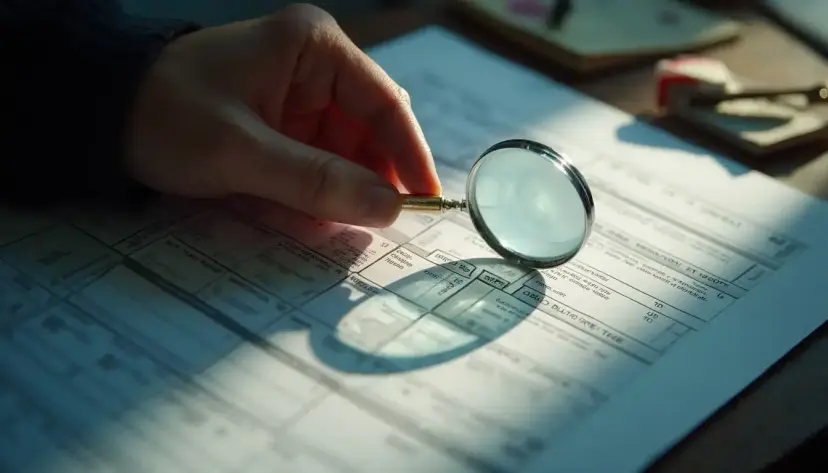 A hand holding a magnifying glass over printed tables of records in slanting sunlight.