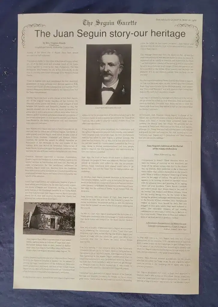 Seguin Gazette page headlined 'The Juan Seguin story-our heritage' with a portrait of Juan Nepomuceno Seguin.