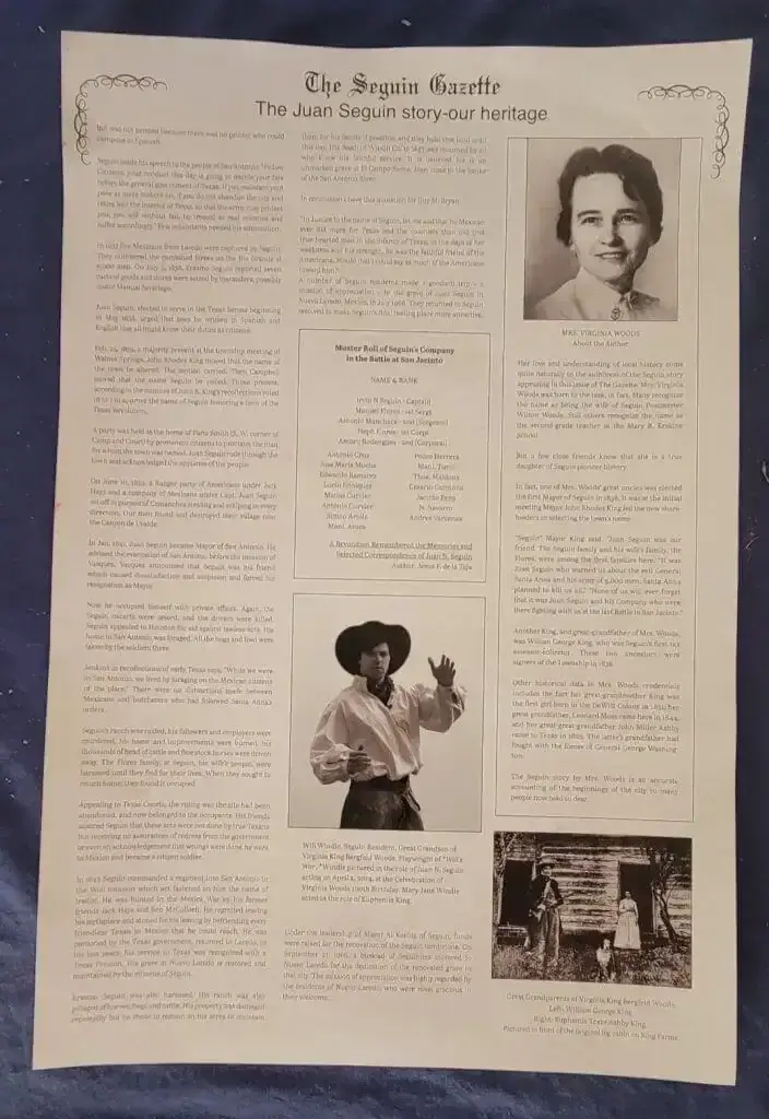 Second Seguin Gazette page on Juan Seguin, with photos of author Virginia Woods and a man in period dress.