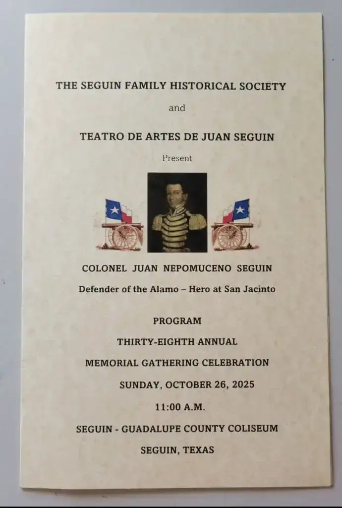 Program cover for the 38th annual memorial gathering honoring Colonel Juan Nepomuceno Seguin in Seguin, Texas, October 26, 2025.